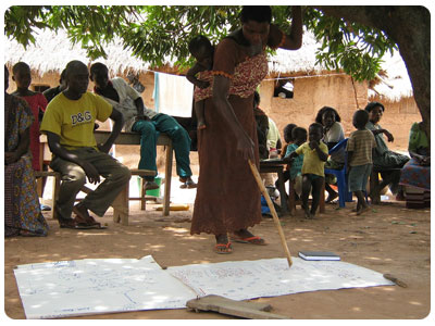 In rural Ghana, community members learn about good hygiene practices and map out the water and sanitation resources in their village.